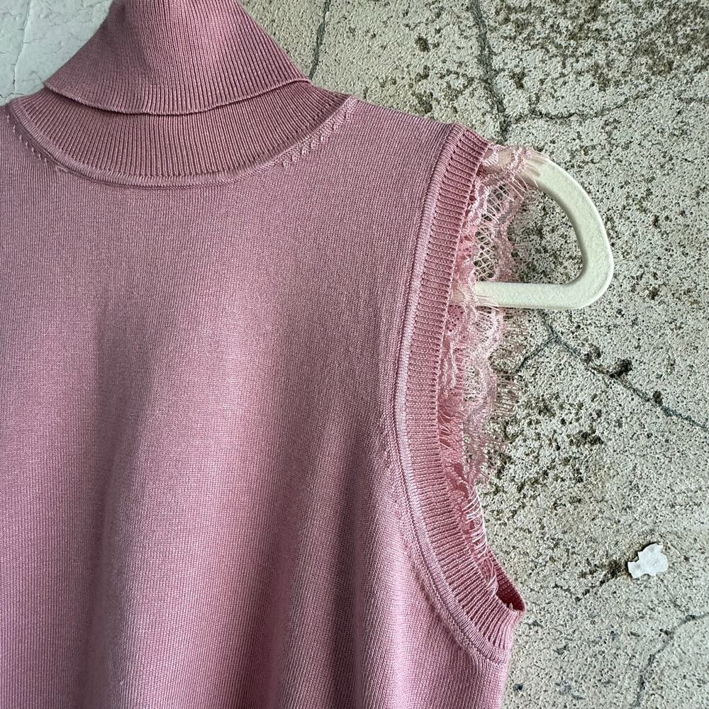 Dusty Rose Knit Sleeveless Turtleneck‎ Top Lace Trim Cottagecore Retro Size M
